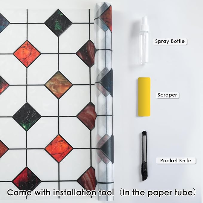 DKTIE Colorful Gem Lattice Pattern Decorative Window Privacy Film Rainbow Stained Glass Window Film Classroom Decor Renter Friendly Decor (S533, 35.4in X 118.1in)