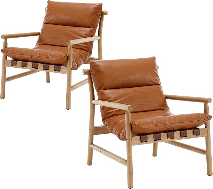 Faux Leather Accent Chair Set of 2 Mid Century Modern Living Room Chairs Comfy Arm Chair with Solid Wood Frame Upholstered Lounge Reading Chair Cozy Recliner for Bedroom/Guest Room, Brown