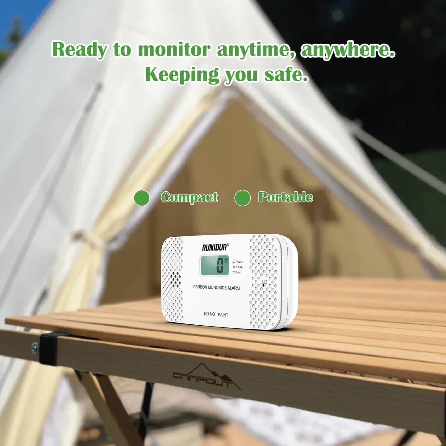 RUNIDUR Carbon Monoxide Detectors Replaceable AA Battery-Powered LCD Display Portable Carbon Monoxide Detector for Travel,RV.(1-Pack)