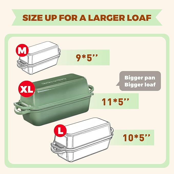 11x5 Inch Cast Iron Loaf Pan With Lid, 5.8 Qt Large Loaf Pans for Sourdough Bread Baking, Heavy Duty Dutch Oven Bread Pan For a Crispy Crust, Pistachio