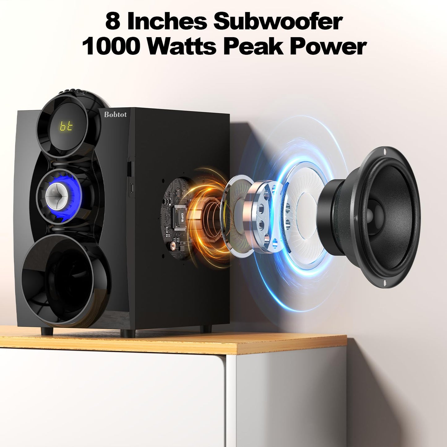 Bobtot Wireless Surround Sound System Home Theater System, 1000W Surround Speakers 8" Subwoofer 5.1/2.1 Channel Deep Bass with ARC Optical Bluetooth Karaoke Input