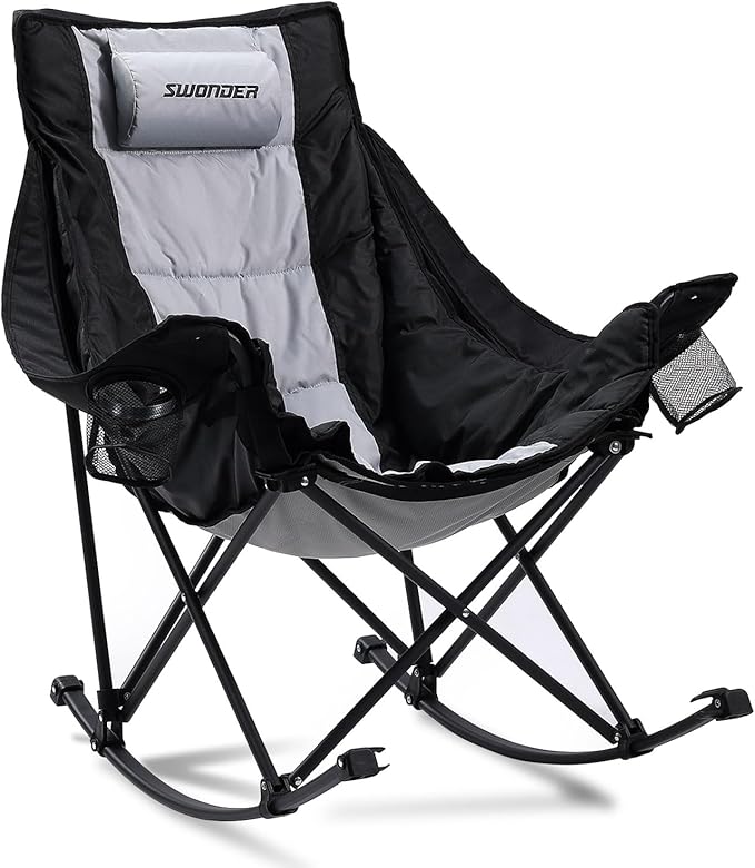 Swonder Oversized Rocking Camping Chair with Innovative 2-in-1 Removable Seat Cushion for All Seasons, Fully Padded Foldin...