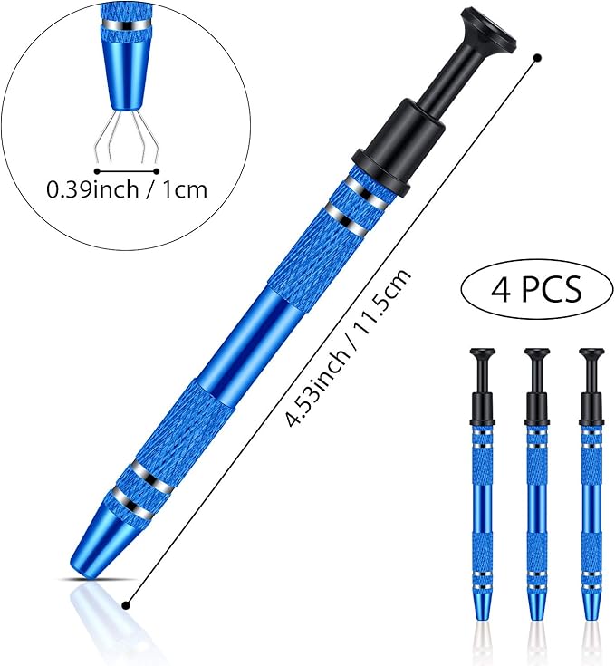 Mudder 4 Pcs 4 Claw Pearl Grabber Jeweler's Pick up Tool 4 Prongs Stainless Steel Piercing Ball Grabber for Small Parts Diamond Ic Chip Electronic Components Nail Clamping Gem(Blue)