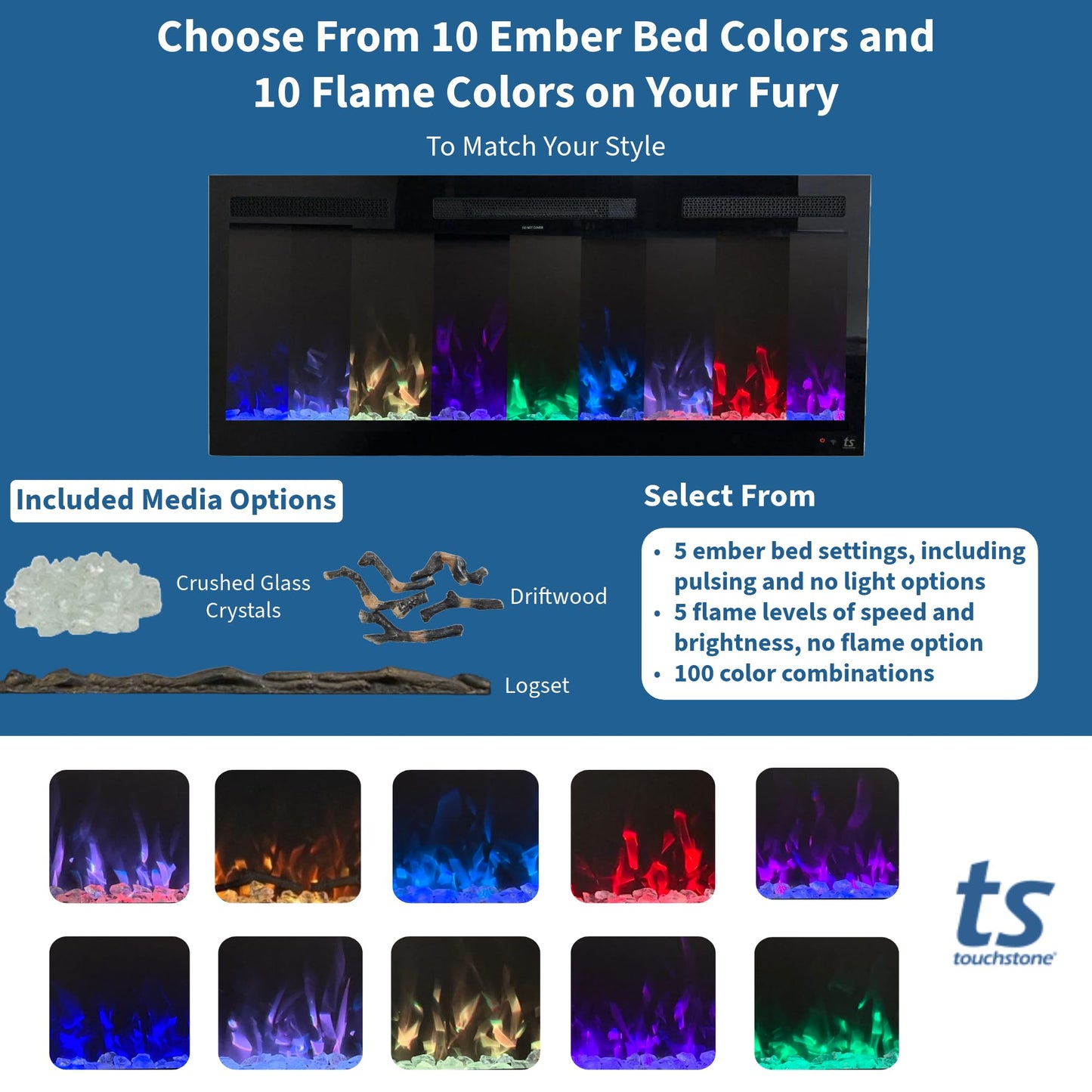 Touchstone Smart Electric Fireplace-The Fury 46" Wide- 4.5" Thin in Wall Recessed-100 Realistic Flame/Ember Bed Color Combos-1,500W Heater-Larger Viewing Area-Alexa/WiFi Enabled