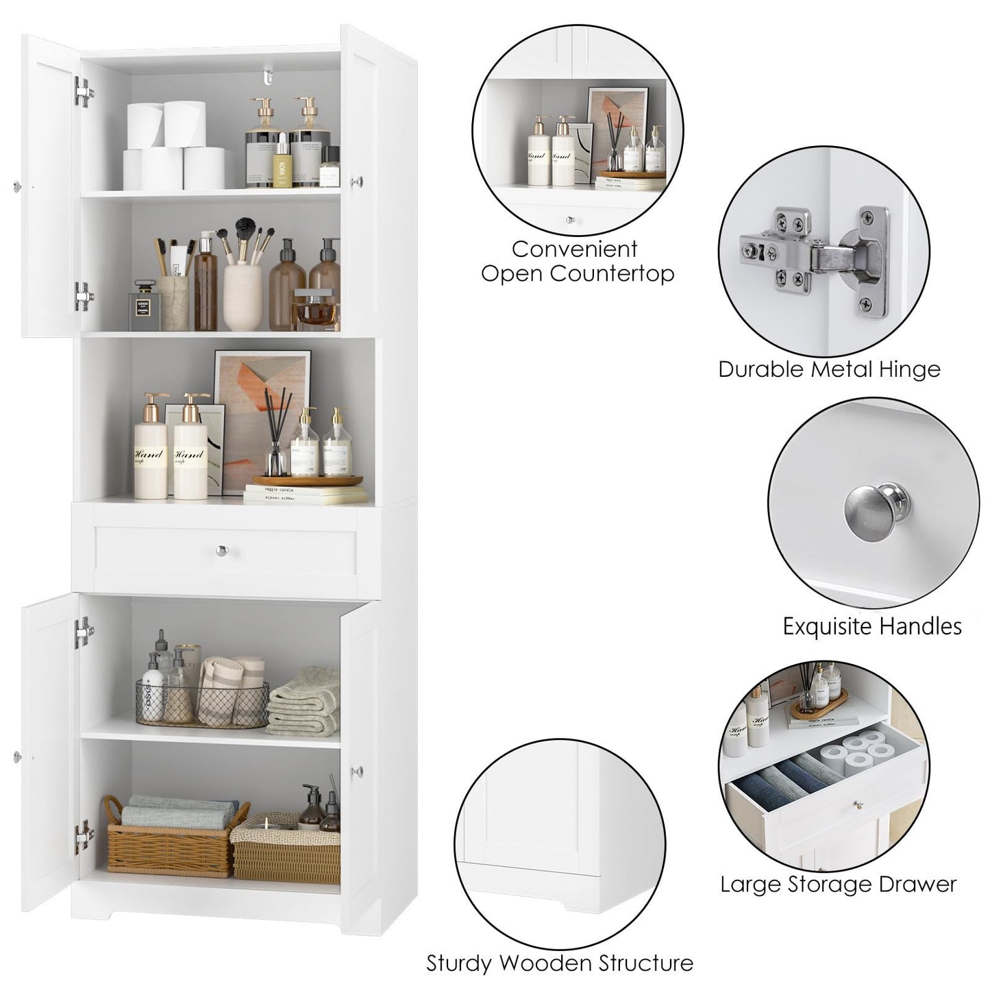 Tall Bathroom Storage Cabinets with Drawer, Modern Linen Cabinet with Doors & Shelves, 67"H Tall Storage Cabinet Freestanding for Bathroom, Living Room, Kitchen & Pantry, Laundry, Narrow Corner, White