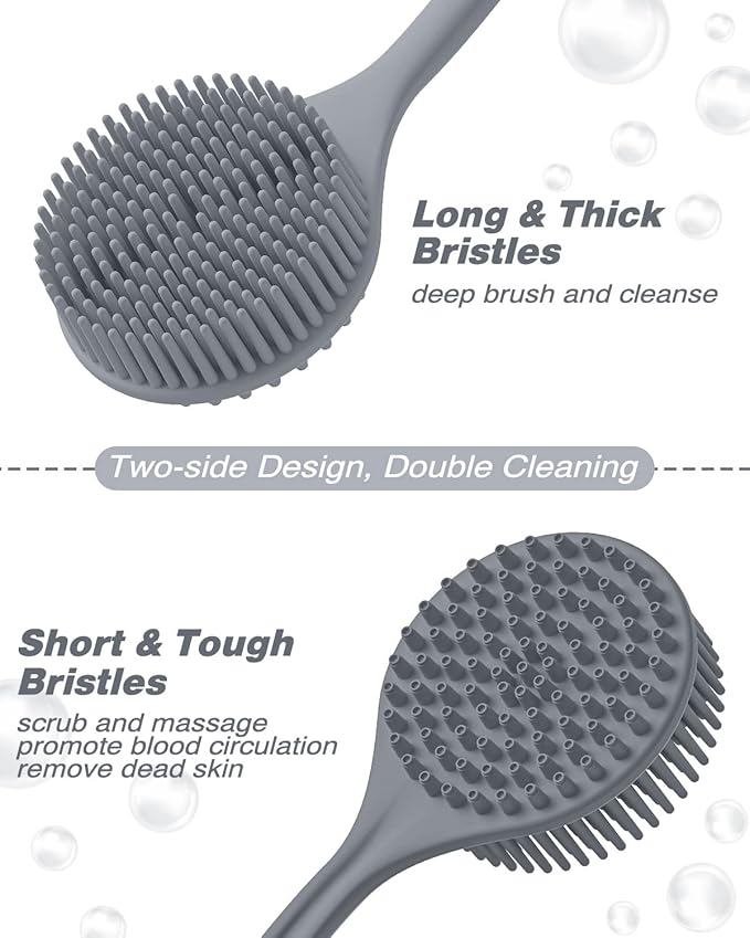 Manmihealth Silicone Back Scrubber & Soft Bath Glove, Silicone Scalp Massager Set 5 PCS, Super-Exfoliating Body Scrubber Shower Brush & Shampoo Brush Combination, with 2 Free Hooks (Style 2 Gray)