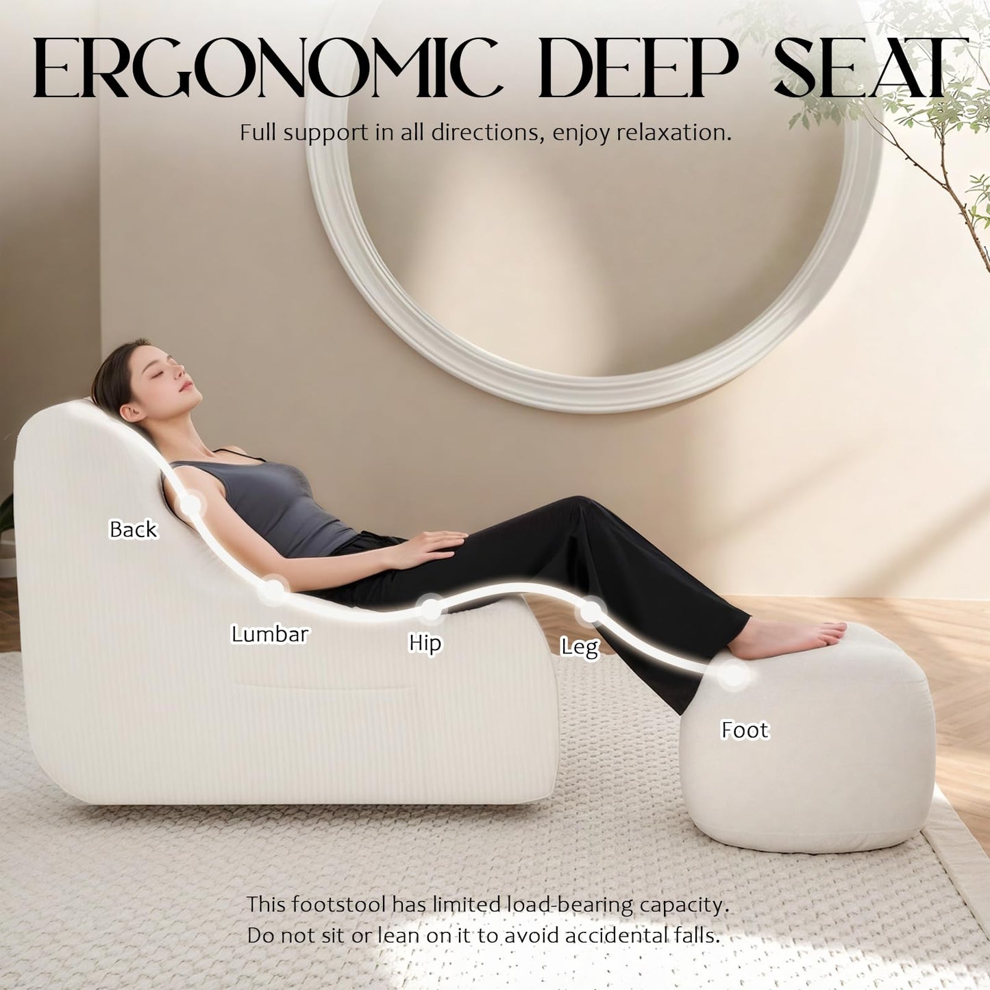 Bean Bag Chair, Ergonomic Bean Bag Sofa with Soft Fabric, Bean Bag Chairs for Adults & Kids, Ideal Lounge Chair for Living Room, Gaming, Reading, White