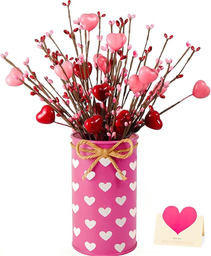 Aovaely Valentine & Galentine's Day Table Centerpiece Decor, Artificial Heart Flower Stems with Metal Pots, Valentines Gal...