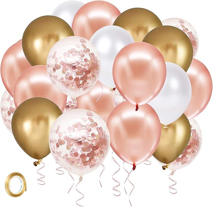 Rose Gold Confetti Latex Balloons, 60 Pack White Balloons 12 Inch with Gold Ribbon for Birthday Party, Wedding, Bridal Sho...