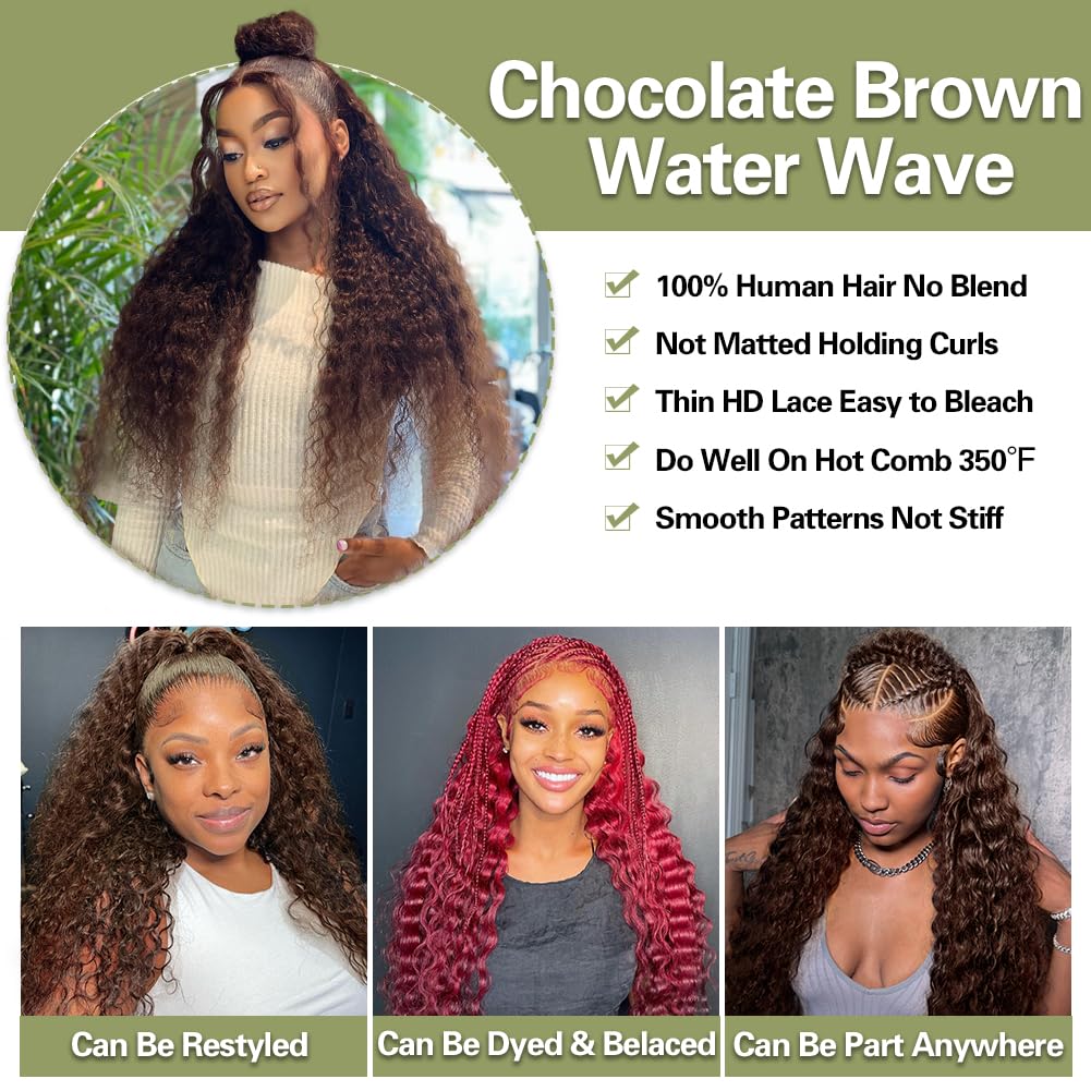 32 Inch Chocolate Brown Lace Front Wig Human Hair Pre Plucked Water Wave Lace Front Wigs Human Hair 180% Density Wet And Wavy 13