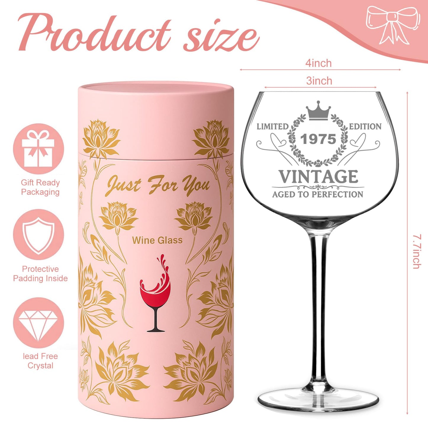 Lotnafee Funny 50th Birthday Gifts for Women, Vintage 1975 Engraved Wine Glass in Gift Box, Personalized Gift for Her, Mom, Sister, Daughter, Best Friend, Turning 50 and Fabulous Gift Idea