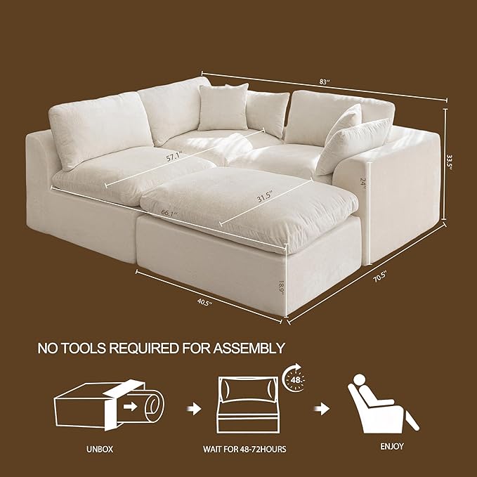 115''Cloud Sectional Couch, Modern L-Shape Sofa with Ottoman, Oversized Convertible 3 Seater Modular Couches for Living Room, Warm White