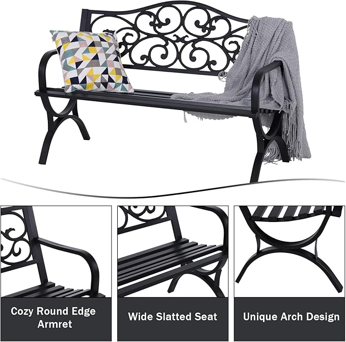 MFSTUDIO Outdoor Metal Bench Set of 2, 50 Inches Outdoor Garden Bench, Cast Iron Metal Frame Patio Park Bench with Floral Pattern Backrest, Arch Legs for Porch Lawn Yard, Black
