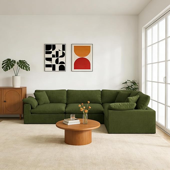 Forest aesthetics Modular Sectional Sofa, 4 Seater Cloud Couch,Down Filled Comfy Cloud Modern Sofa,Green Linen Oversized Couch Cushion Covers Removable for Living Room