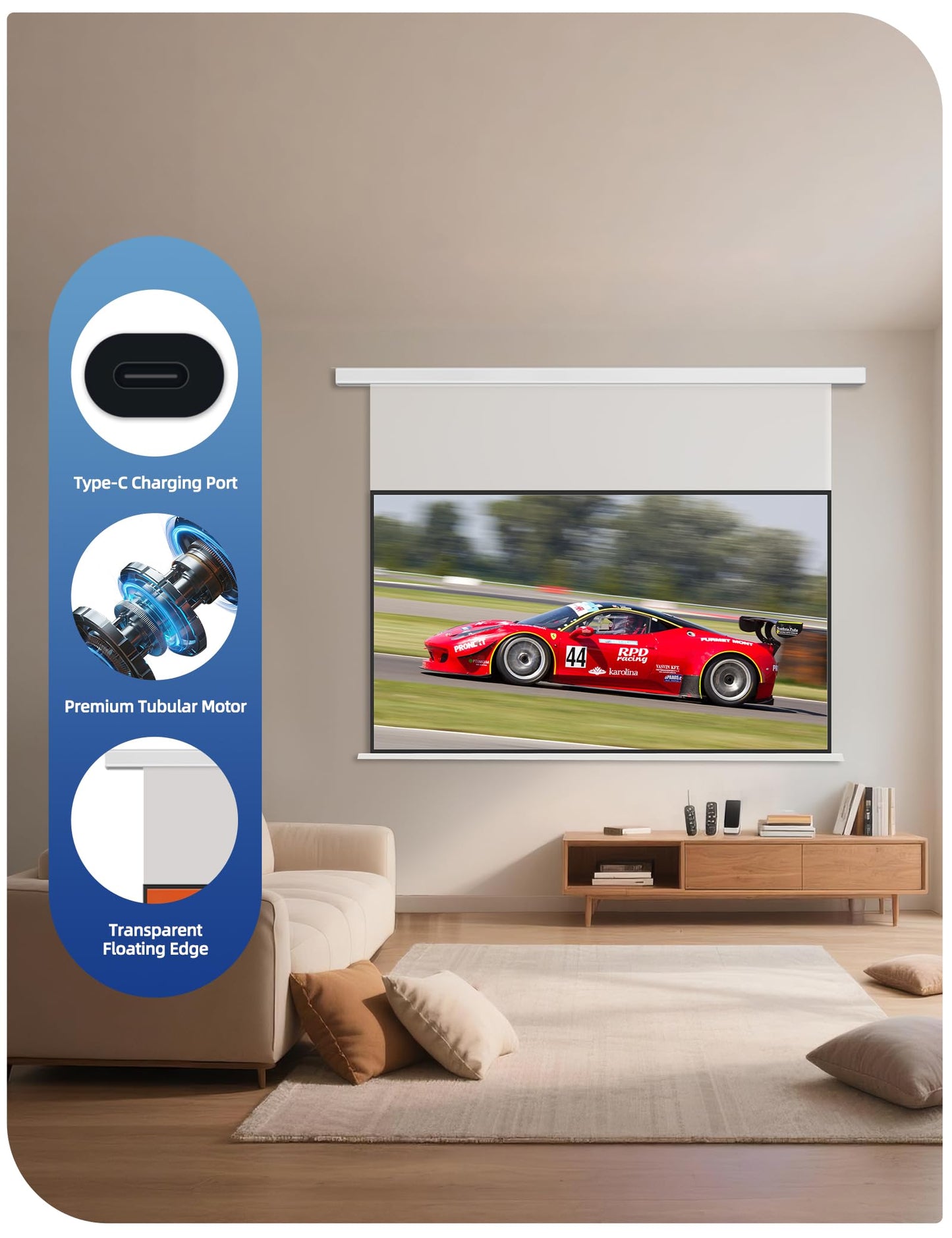 120" PureVision Projector Screen Motorized,Laser Speckle Reduction,Waterproof Drop-Down Outdoor Projector Screen,Movie Screen 4K/8K UHD Ready,2 Recharges Yearly for Home Theater & Backyard Movie Night