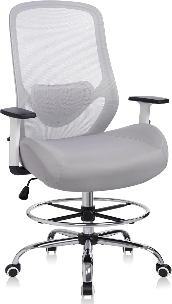Heavy Duty Office Drafting Chair, High Back Ergonomic Chair,400Lbs Tall Office Chairs, Big and Tall Office Chair with Flip-up Armrest Lumbar Support and Footrest, Adjustable Counter Height Chairs
