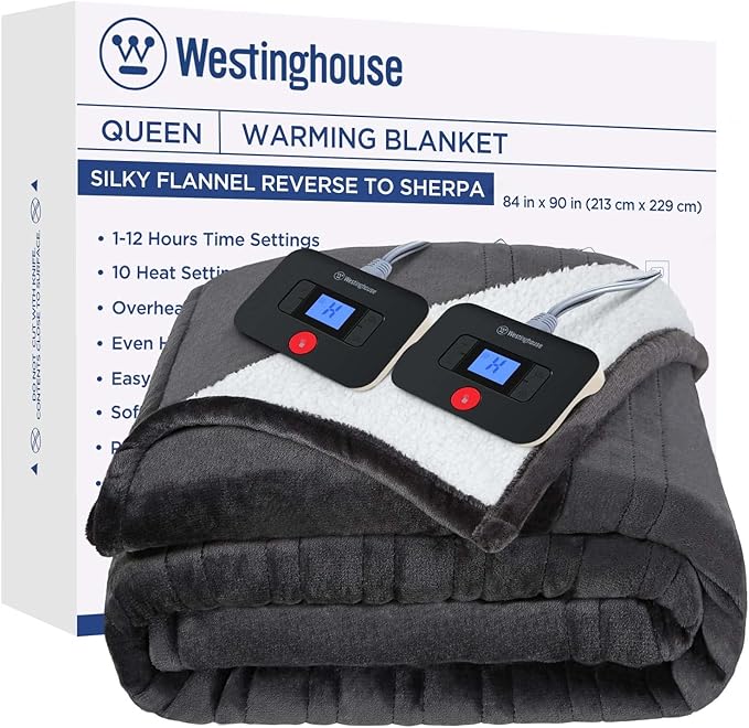 Westinghouse Electric Blanket Queen, Heated Blanket Queen Size with 10 Heating Levels and 1 to 12 Hours Heating Time Setti...