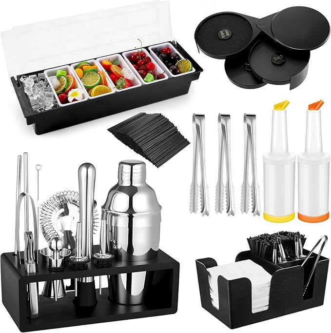 Mifoci 23 Pcs Bartender Supplies Kit Garnish Tray for Bartenders with Bar Caddy 3 Tier Salt Rimmer 13 Pcs Cocktail Shaker ...