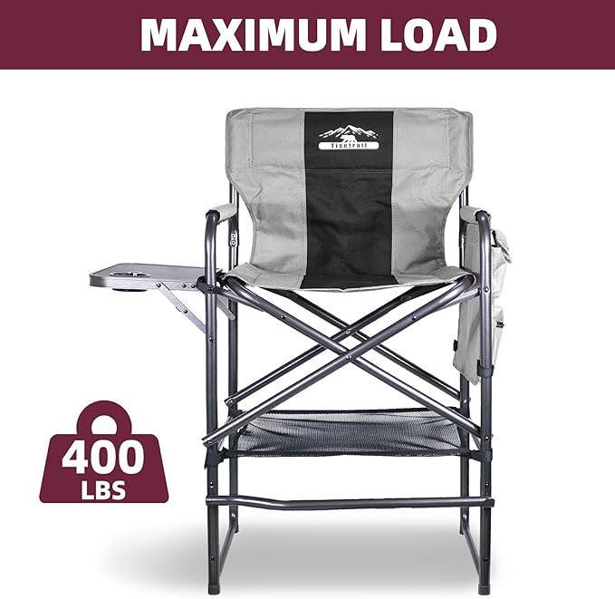 Tisetrail Tall Directors Chair 30" Seat Height, Bar Height Folding Chair with Side Table, Foldable Camping Chair with Side Pocket for Makeup Artist, Sports Event, Supports 400LBS - Black/Gray