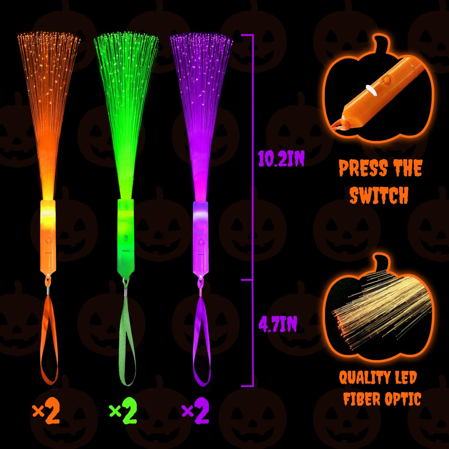 Halloween Glow Sticks Toys Gifts for Kids-6 Pack, Light Up Fiber Optic Wand for Toddlers, Fun Halloween Party Games Activities Stuff, Non Candy Treats Goodie Bag Basket Stuffers Fillers for Boys Girls