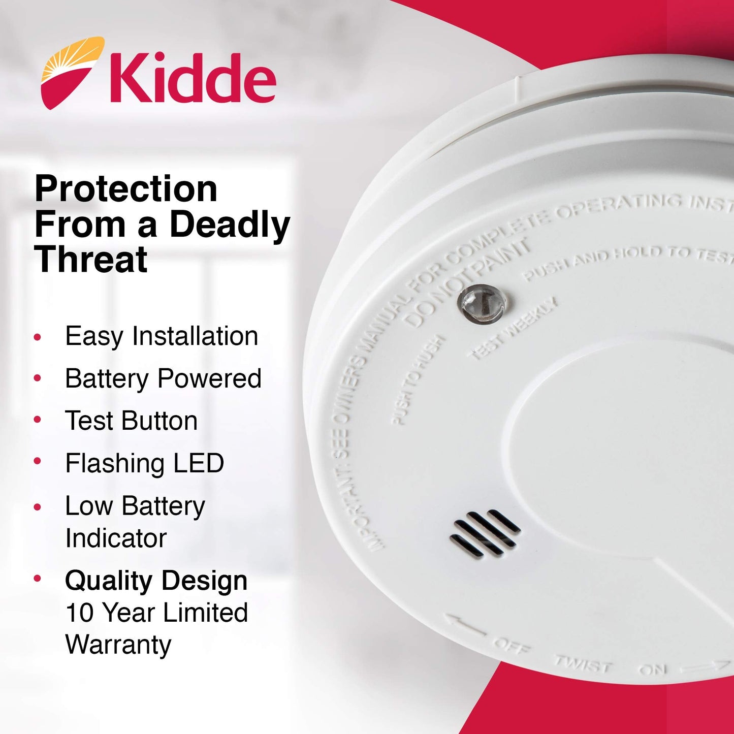 Kidde Smoke Detector, 9-Volt Battery Operated, Photoelectric Smoke Alarm, Battery Included