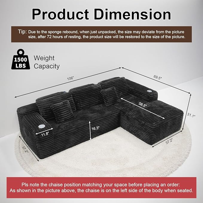 Cloud Sectional Couch with L-Shape Chaise, Modern Modular Sofa with Deep Seat, Built-in Cup Holder & Storage Pocket for Living Room Bedroom, No Assembly Required (Black Grey, Left Sitting Chaise)