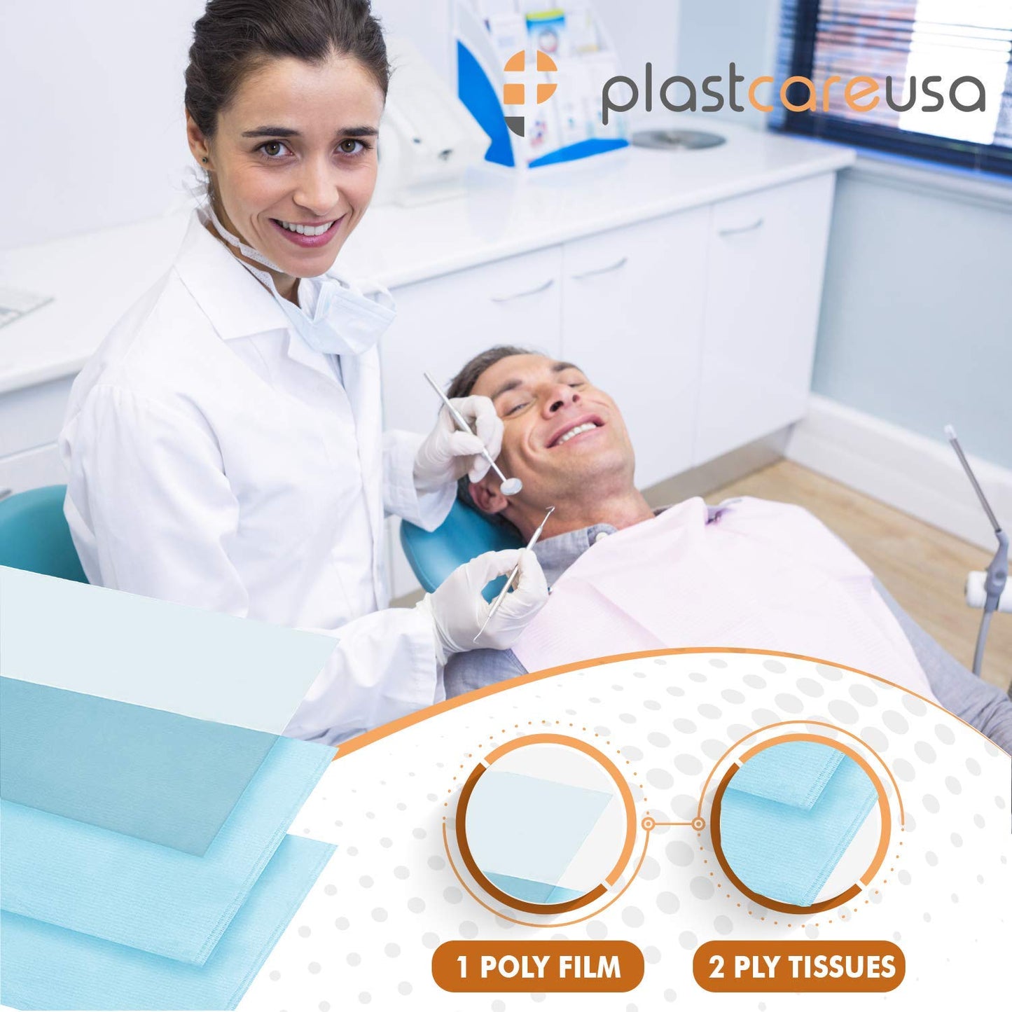 PlastCare USA Disposable Dental Bibs 13"x18" - 3 Ply Waterproof Tattoo Bib Sheet for Patients - Dentist or Medical Tray Cover and Nail Table Cover Supplies, White
