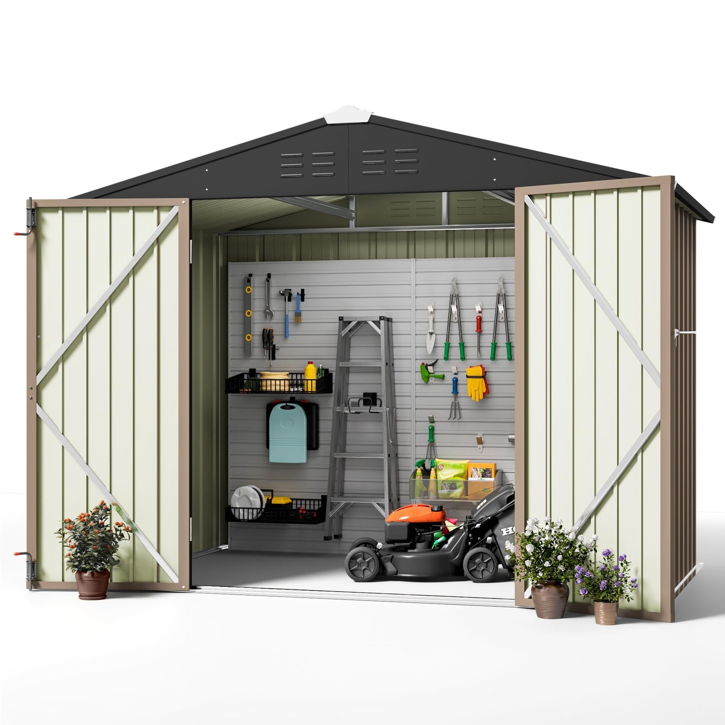 Greesum 8x6FT Outdoor Storage Shed, Utility Tool Shed with Sloping Roof, Metal Storaged Garden Shed with Door & Lock for Patio Storage, Light Brown