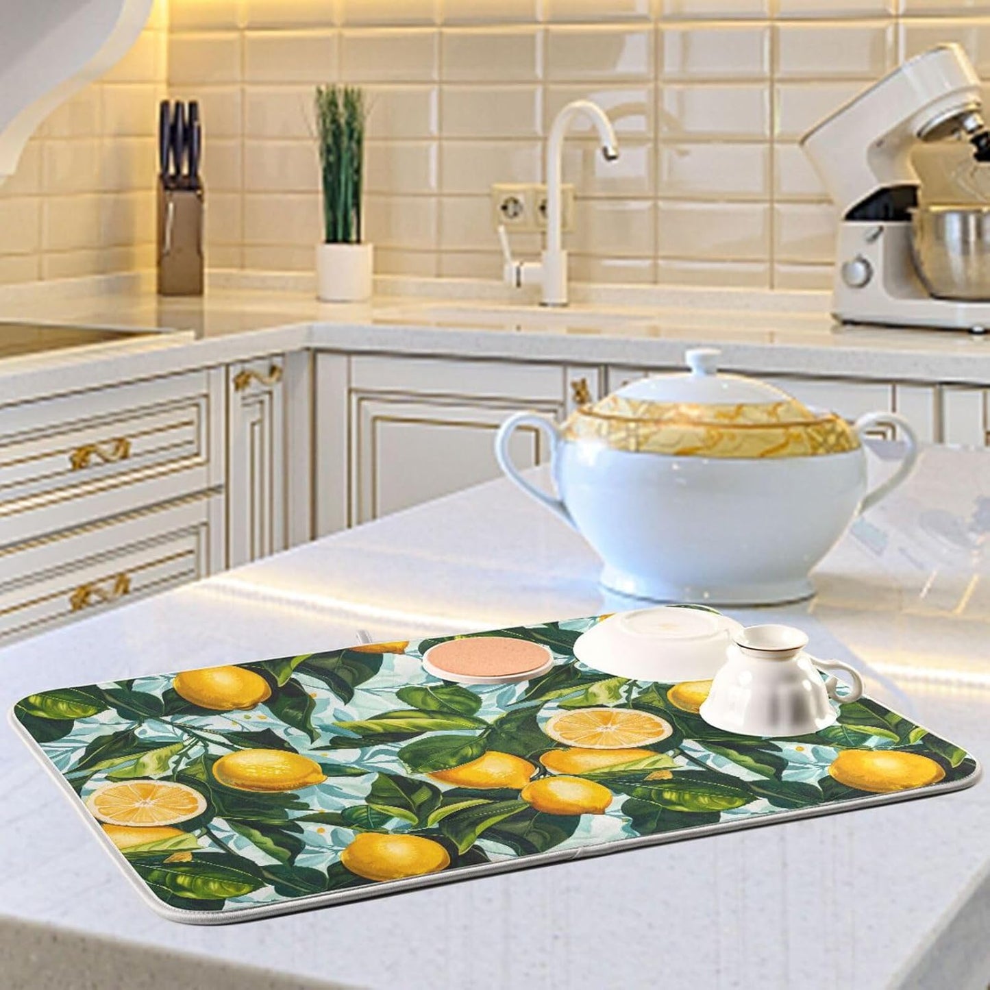ALAZA Dish Drying Mat, Lemon Leaves Absorbent Dish Drying Pads for Kitchen Countertop 16 x 18 inches