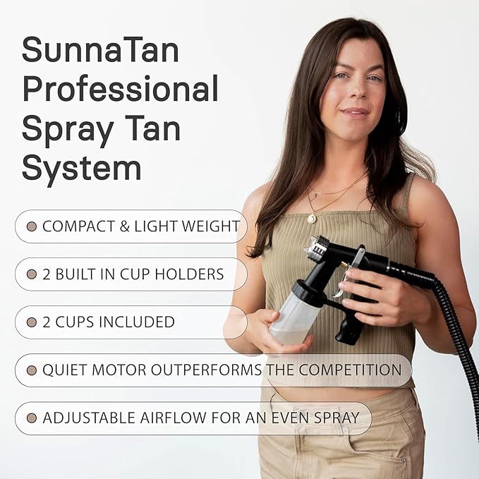 Spray Tan Pro Package by SunnaTan - HVLP Spray Tan Gun, 3X Tanning Solutions, Barrier Cream, Body Lotion, Blending Brush, Powder Spray, Foot Stickies & Training Course