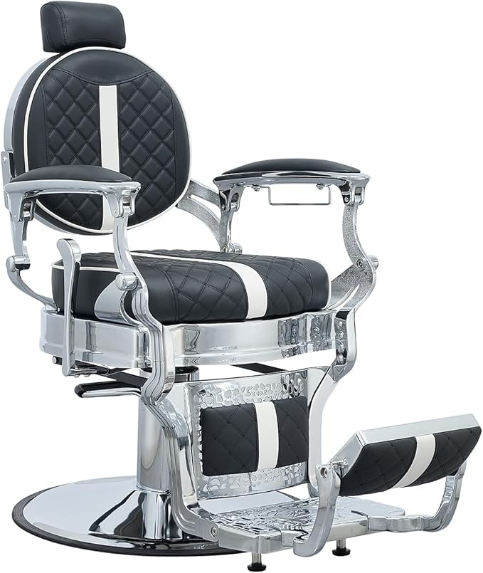 FRNIMAC Heavy Duty Barber Chair, All Purpose Vintage Style Mens Barber Chair Hydraulic Recline Salon Chair Barbershop Equipment for Beauty Spa Tatoo Massage, Weight Capacity 700lbs (Black-Chrome)