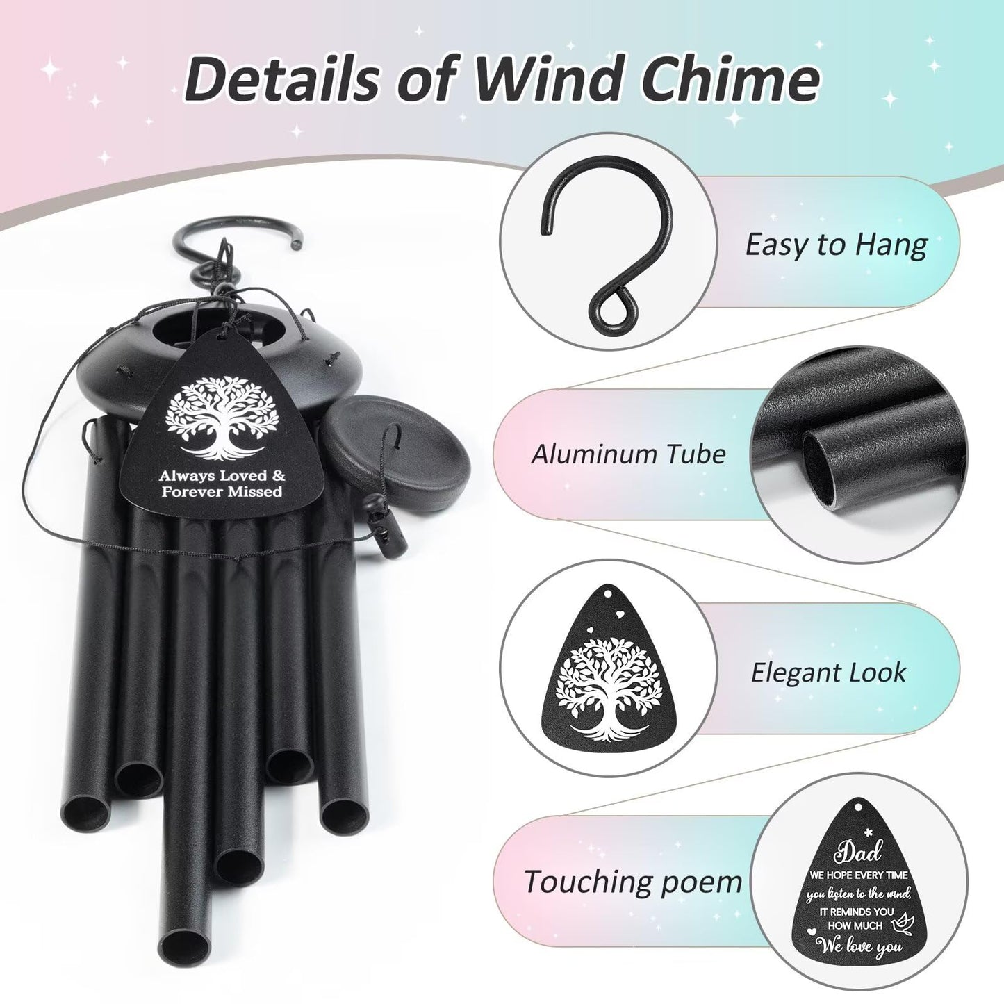 Gifts for Dad, 25'' Dad Wind Chimes, Dads Birthday Gift from Daughter Son, Present for Father, Husband, Men, Dad Gift Ideas Wind Chimes for Christmas Thanksgiving, Black