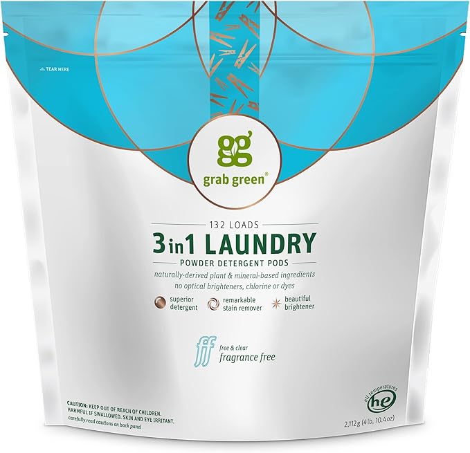 Grab Green 3-in-1 Laundry Detergent Pods, Fragrance Free, Plant and Mineral Based, Superior Cleaning Power, Stain Remover, Brightens Clothes, White, 132 Count