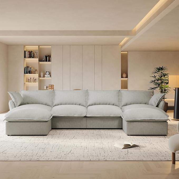 Intuition Decor U Shaped Cloud Modular Sectional Sofa with 2 Chaise Ottomans,146.6" Down Filled Comfort Couch for Living Room,Sectional Couches Wide Deep Seat Convertible Removable Covers Cushion