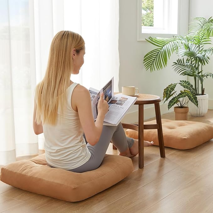 SM-XLHN Meditation Floor Pillow Set of 1, Square Large Pillows Seating for Adults, Meditation Cushion Pillow,Tufted Corduroy Cushion for Tatami Living Room or Yoga, Coffee, 22x22 Inch