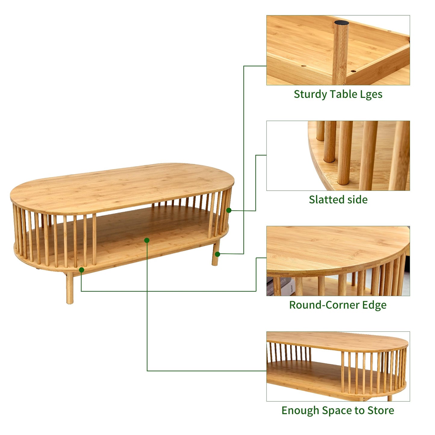 VaeFae Oval Coffee Table, Bamboo Coffee Table for Living Room, 2-Tier Farmhouse Center Table with Storage Shelf