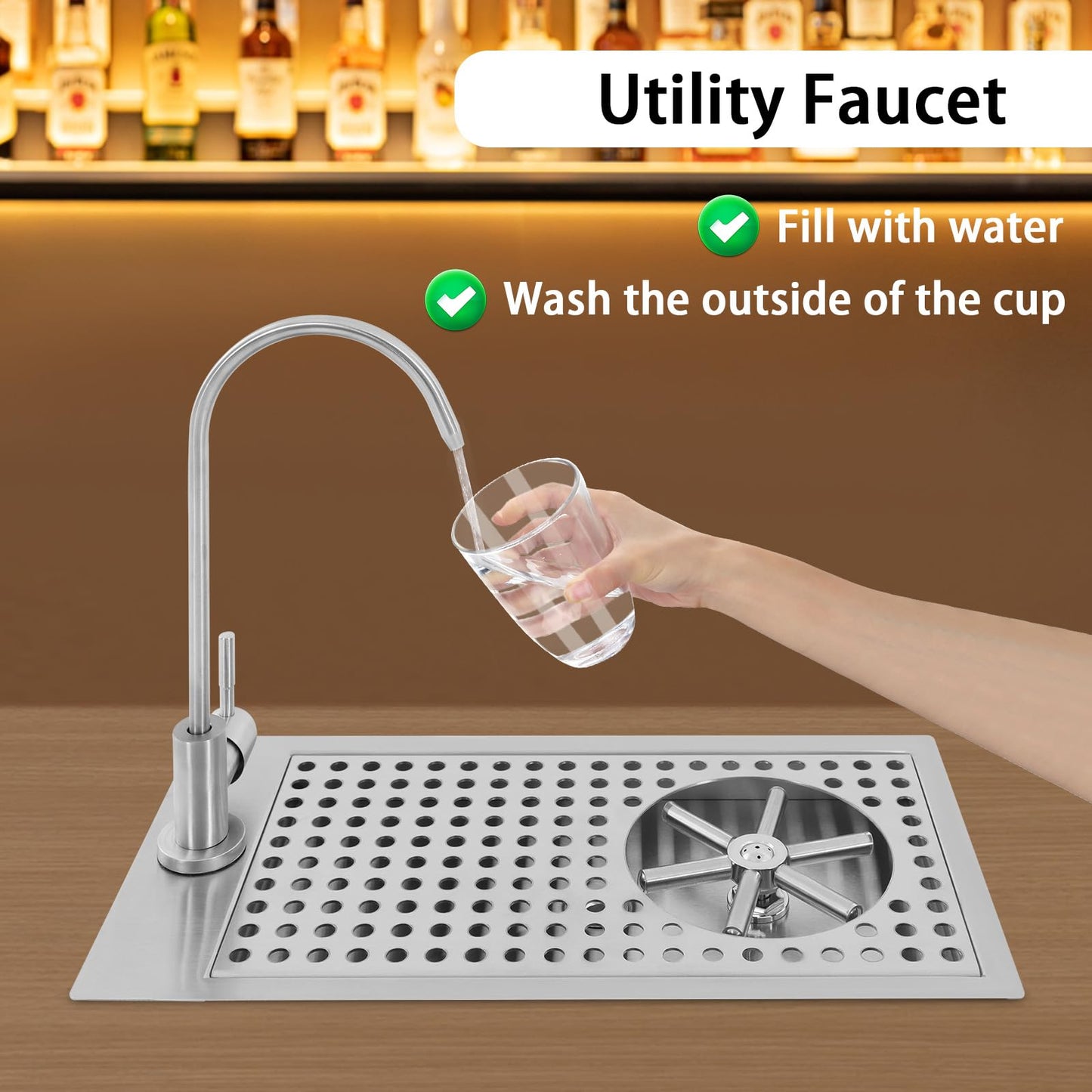 AGULIUM Glass Rinser Cup Washer, Commercial 304 Stainless Steel Pitcher Rinser with Faucet and Multi Angle Cleaning Nozzle for Bar, Cafe, Restaurant, Hotel, Home