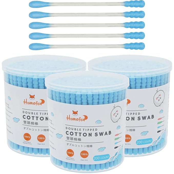 Blue Cotton Swabs Spiral - 600 Count Organic Cotton Buds Double Side Tightly Wrapped Cotton Tips Paper Stick Soft Gentle Lint-Free Cruelty-Free, Round & Spiral (Blue)