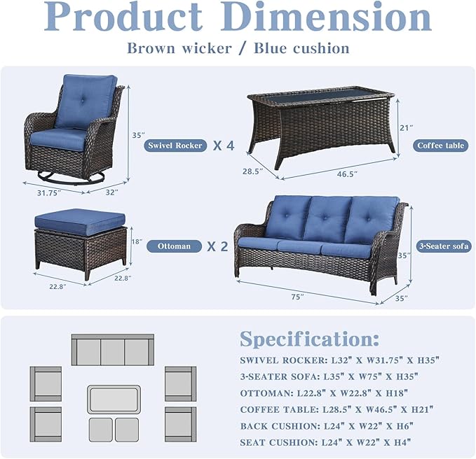 Belord Wicker Patio Furniture Sets - 8 Piece Outdoor Rattan Furniture Conversation Sets with 4 Swivel Rocker Chairs, Rattan Sofa, Wicker Ottomans and Coffee Table, Brown/Blue