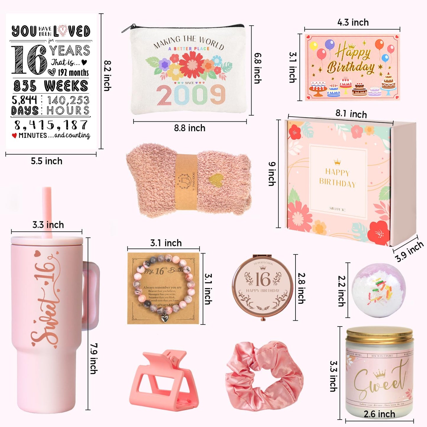 Sweet 16 Gifts for Girls - 16 Year Old Girl Gifts - Happy 16th Birthday Party Decorations for Girls Pink - 11 Pieces Unique Sweet Sixteen Gift for Teen Girl, Daughter, Niece, Granddaughter