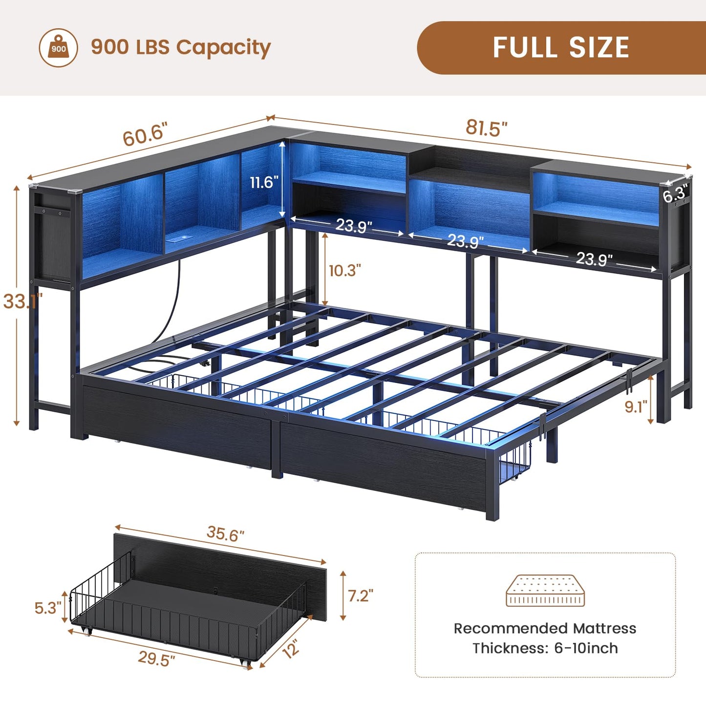 Hasuit Full Corner Bed Frame with Storage Bookcase, Full Size Daybed with 2 Underneath Storage Drawers, Kids Bed Unit with Charging Station and LED Light, Modern Teenagers Bedframe, Black