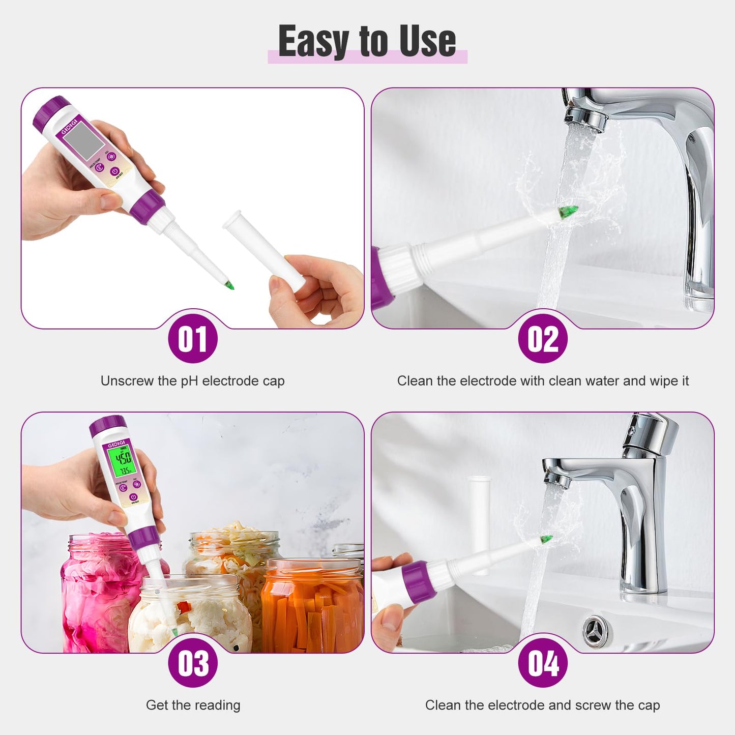 GIDIGI pH Meter Food Digital Electronic pH Tester for Fermentation 3*50ml pH Buffer Calibration Solution Kits Hot Sauce Food Tester Probe for Cheese Sourdough pH Temperature pH Test Strips for Acidity