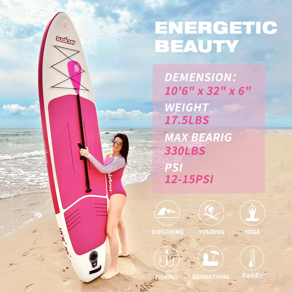 SUSIEBAY Inflatable Stand Up Paddle Board, Pink Paddle Board for Adult & Youth with sup Accessories, Wide Stance for All Levels, Traveling Board, SUP Board,Non-Slip Deck, Double Action Pump