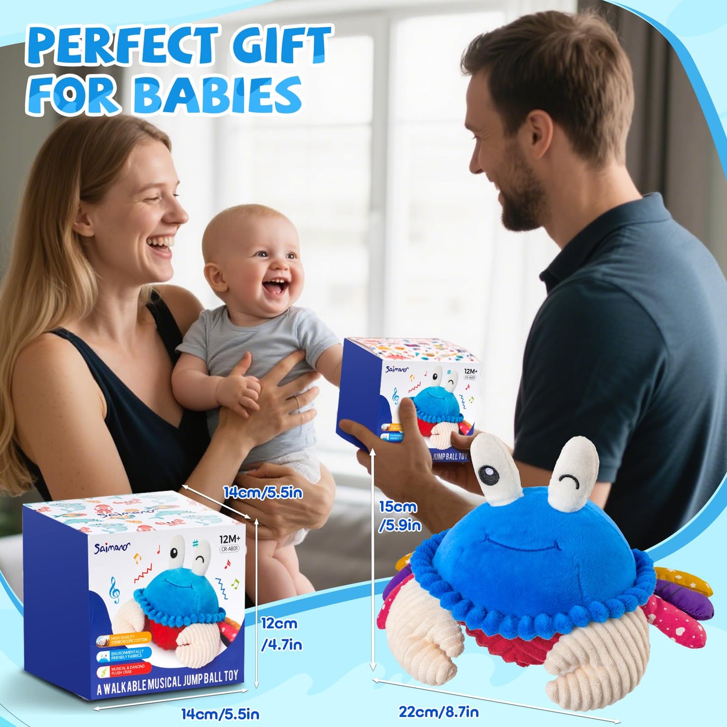 Baby Toys 12-18 Months, Musical Crawling Crab Plush Toy - 40 Songs & Recording Feature, Dancing Walking Moving Bouncing Tummy Time Toy, Sensory Toys for Toddlers 1-3, Birthday Gifts for Infants