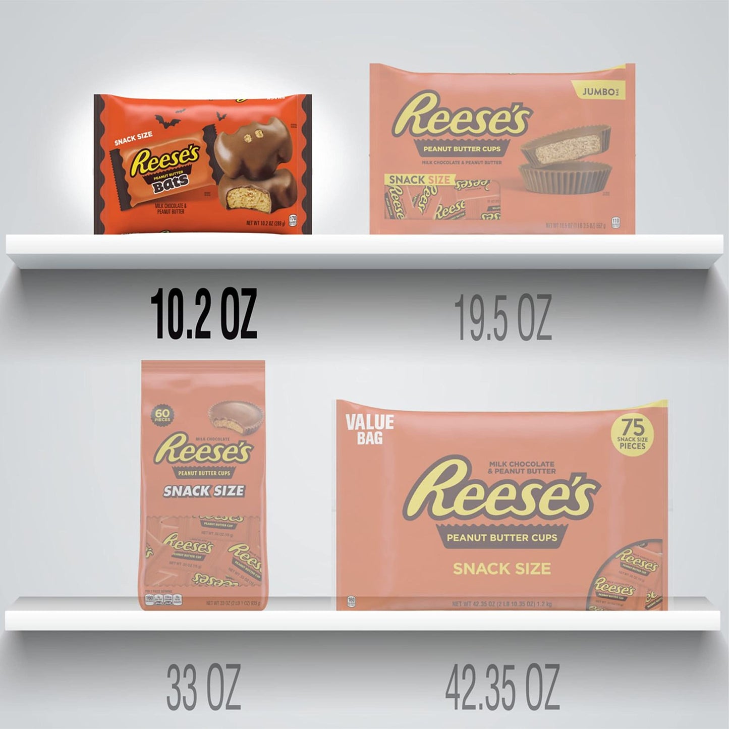 REESE'S Milk Chocolate Peanut Butter Snack Size Bats Candy, Halloween, 10.2 oz Bag