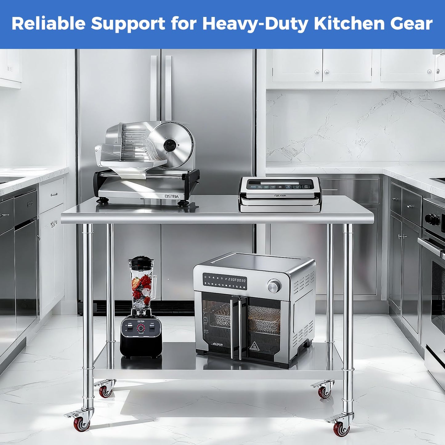 OSTBA Stainless Steel Table for Prep & Work 24x48 Inches with Casters Wheels and Backsplash, NSF Metal Commercial Heavy Duty Table with Adjustable Undershelf for Restaurant Kitchen Home and Hotel