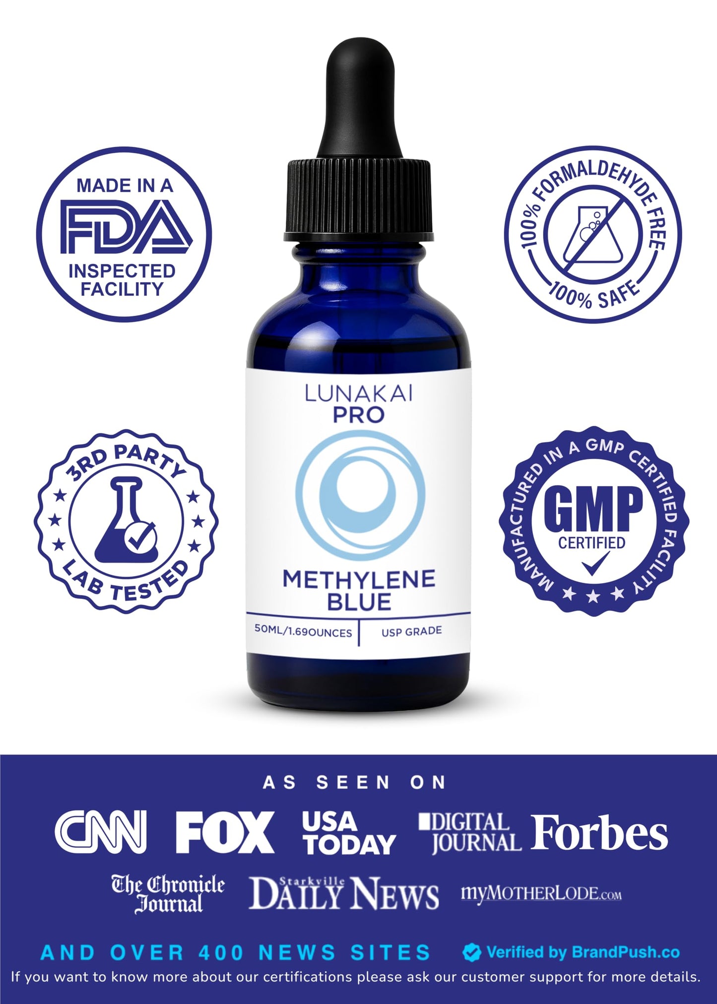 Lunakai PRO USA Manufactured Methylene Blue Pharmaceutical Grade – 99.99% Pure USP Grade 1% Methylene Blue Drops for Humans – Cognitive & Focus Support Supplement