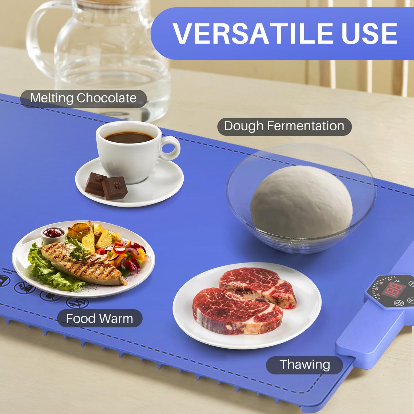 CJC Warming Mat for Food-Electric Warming Tray and Full Surface Heating,5 Temp Settings,4H Timer,Rollable Portable,24H Heating by Appointment,with 2M Cable,for Parties Gatherings Daily Use（Blue）