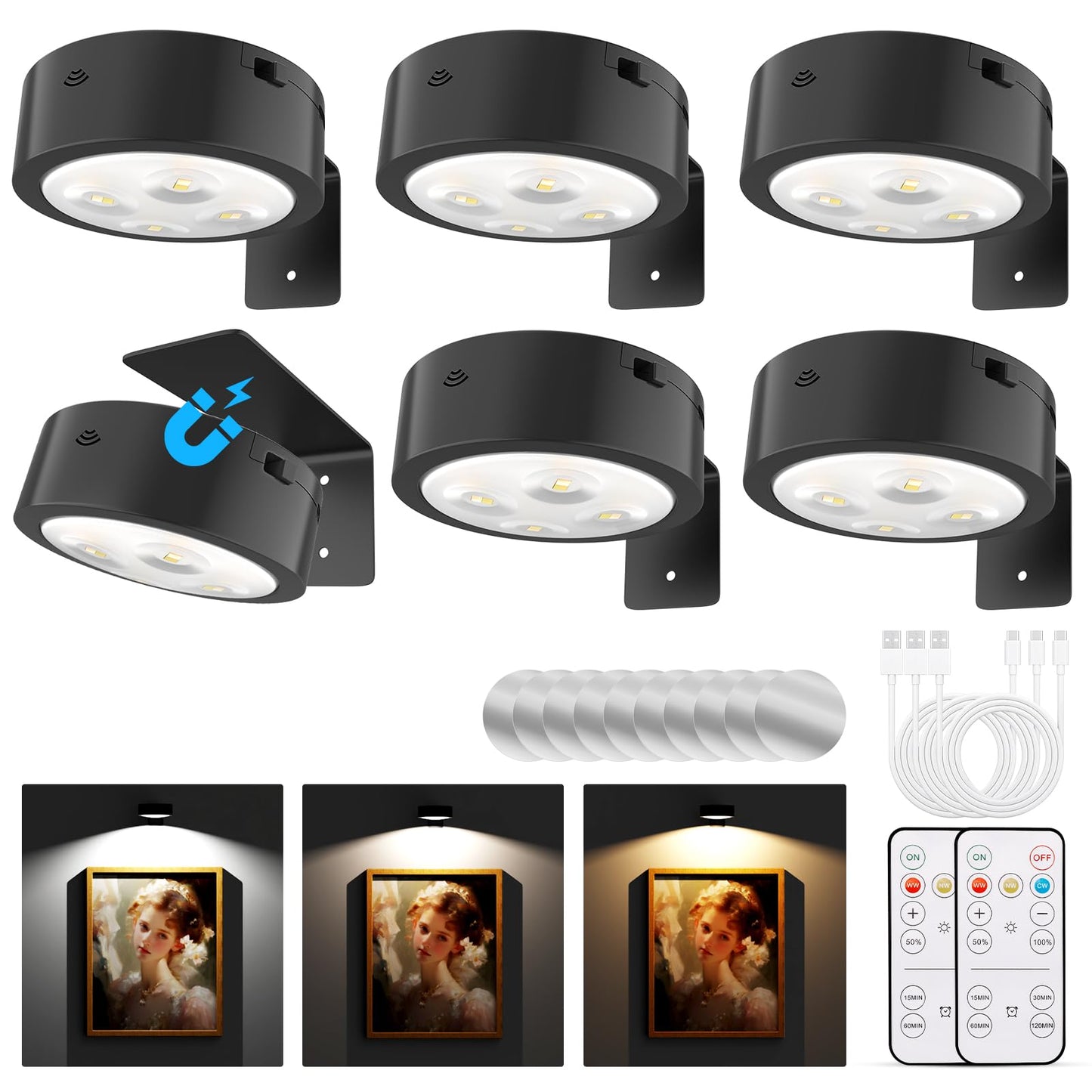 Tututry Picture Lights for Wall, Rechargeable Battery Operated Wireless Magnetic Painting Lights with Remote Dimmable and Timer, Wall Decor Lights with 3 Lighting Modes for Art Display (Black, 6Pack)