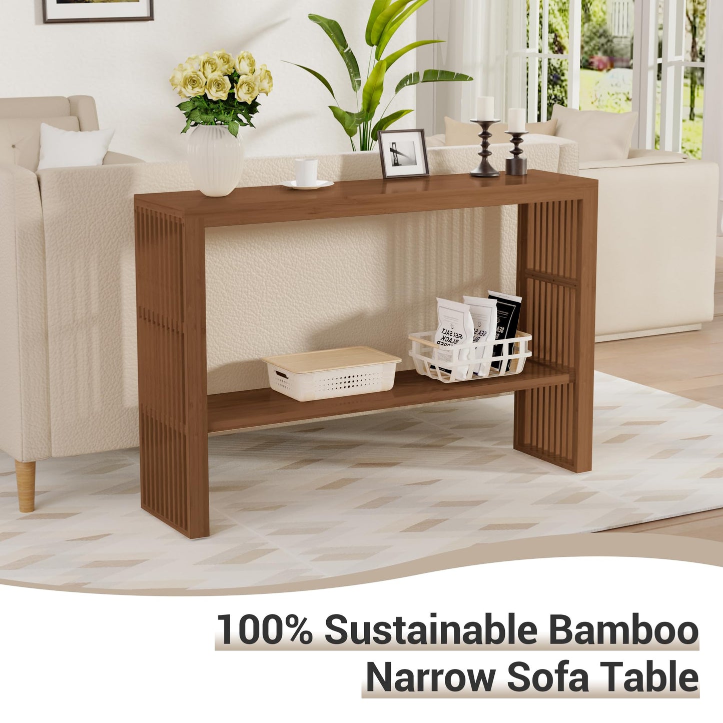 Bamboonova Bamboo Wood Entryway Table 47.2" Console Table, 2-Tier Farmhouse Narrow Sofa Table with Grille-Inspired Sides Easy Assembly for Entrance, Hallway, Living Room, Bedroom, Foyer(Walnut)